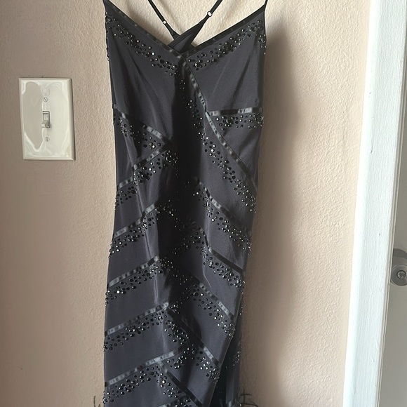 BEBE Beaded Feather Black Long Evening Dress - Picture 3 of 10